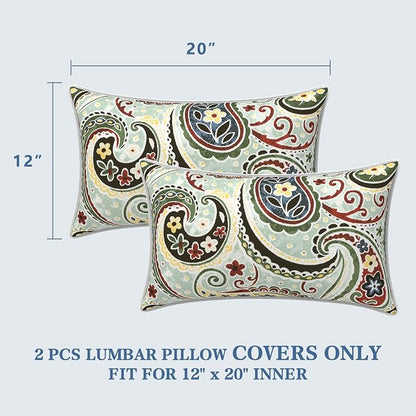 LVTXIII 2 Pack Outdoor Lumbar Pillow Covers 12x20 Inch with Piping, Water-Repellent Back Cushion Covers ONLY for Patio Furniture, Sofa, Garden Bench, Paisley Light Cyan