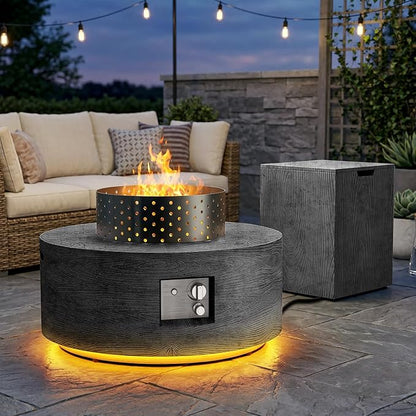 2-Piece Outdoor Propane Fire Pit Table Set w Tank Table 30'' Round Fire Pit Table w Wood Grain Firepit Table for Outside Gas Fire Pit w 304 Stainless Steel Burner 50,000 BTU, Dark Gray w Warm LED