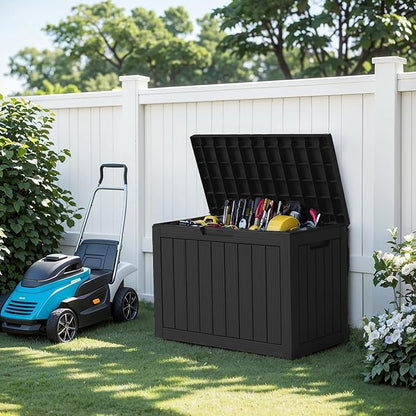 PatioZen 50 Gallon Deck Box Outdoor,Weatherproof Resin Patio Storage Box,Waterproof Outdoor Storage Boxes with Lid Lockable for Cushions,Garden Tools,Black