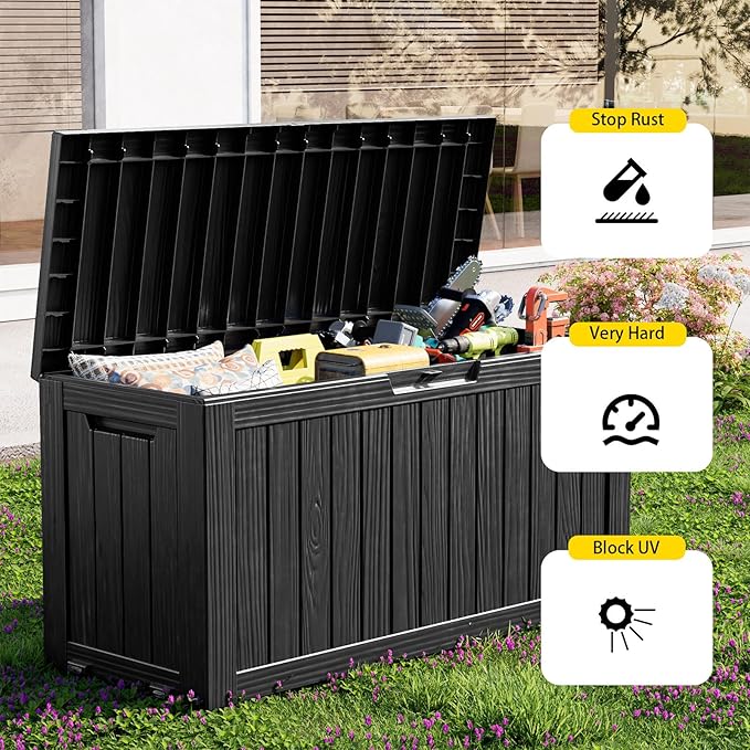 PatioZen 75 Gallon Resin Deck Box, Lockable Outdoor Storage Box for Patio Cushions Storage Furniture,Garden Tools, Pool Supplies, Weatherproof and UV Resistant (Black)