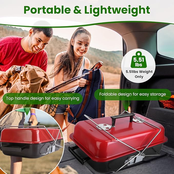 Portable BBQ Grill, Foldable Charcoal Grill Lightweight Smoker Grill for Outdoor Cooking Camping Hiking Picnics Tailgating Backpacking Party (Mini grill with lid(20x11x12"))