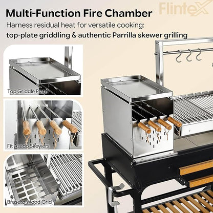 Flintex Argentine Santa Maria Grill, Wood & Charcoal Parrilla BBQ Brasero Grill with Asado Tools, Multi-Function Adjustable Height, Easy Clean with Ash & Grease Collector, Ideal for Asado, Backyard