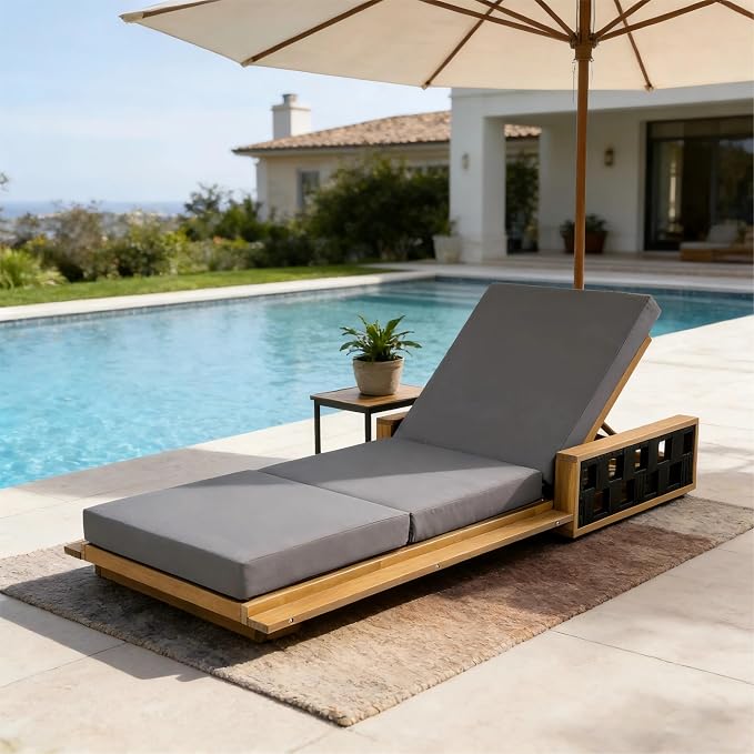 Merax Patio Chaise Lounge with 4-Position Adjustable Backrest, Acacia Wood Outdoor Sunbathing Recliner Chair & 4" Thick Triple-fold Cushion for Poolside, Garden, Backyard, Patio, Dark Gray