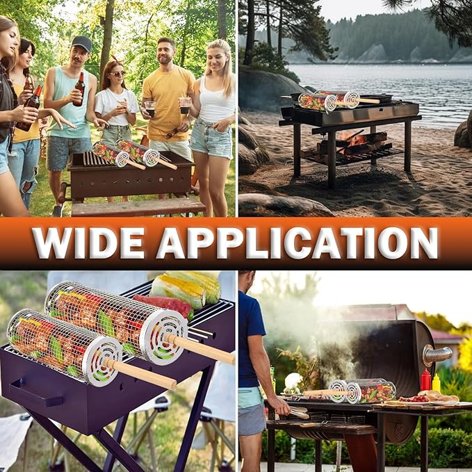 Rolling Grill Baskets for Outdoor Grill, 2 Pcs Stainless Steel Grill Basket with Removable Wooden Handle, Camping Picnic BBQ Accessories Tools for Grilling Vegetables, Gifts for Men