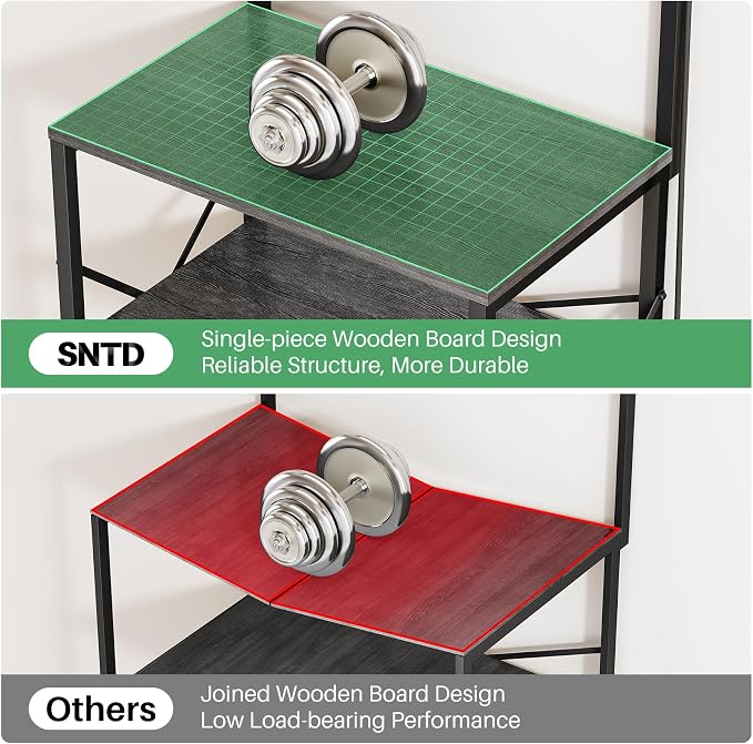 SNTD Bakers Rack with Power Outlet, Microwave Stand, Grey, 23.5" W | Coffee Stand, 4 Tiers Kitchen Storage Shelves, Wire Grid Panel, 10 Hooks, Metal Frame, Triple X-Shaped Reinforcement