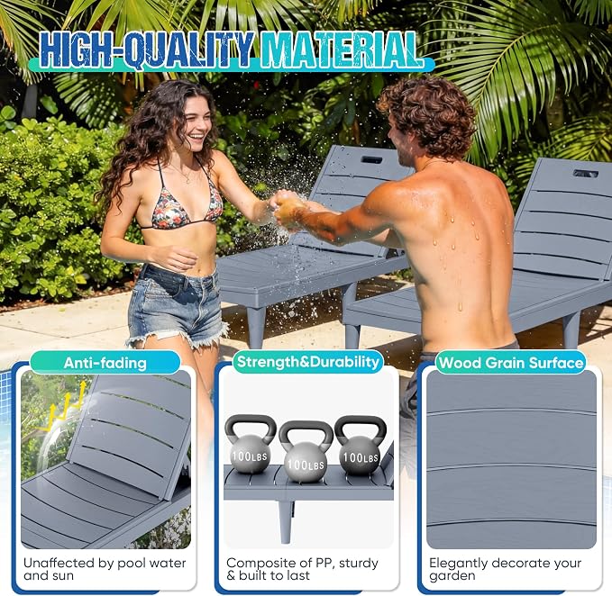 Greesum Outdoor Chaise Lounge Chair Set of 2, Gray | Waterproof 5-Position Adjustable PP Sun Loungers for Patio, Poolside, and Beach Sunbathing