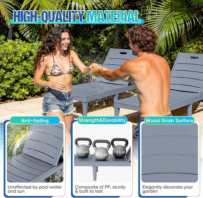 Greesum Outdoor Chaise Lounge Chair Set of 2, Gray | Waterproof 5-Position Adjustable PP Sun Loungers for Patio, Poolside, and Beach Sunbathing