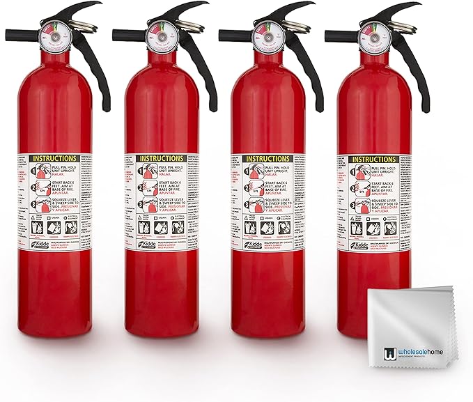 Kidde FA110 Multipurpose Fire Extinguishers 4 Pack - Red, (Rating 1-A:10-B:C) Includes Wholesalehome Cleaning Cloth