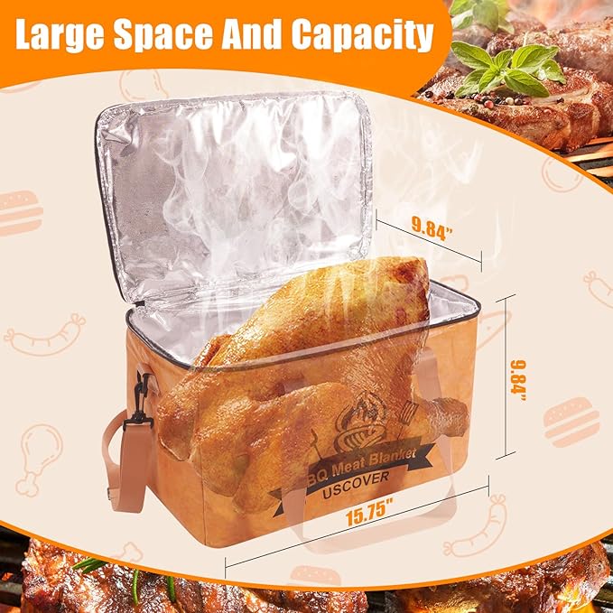 BBQ Blanket for Resting Meat, Meat Resting Bag for BBQ Grill & Smoking, Reusable 4-Layer Insulated Smoked Meat Resting Bag with Wide Mouth for Large Brisket/Beef/Pork Shoulders/Turkeys (15.7 Inch)