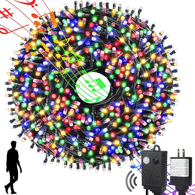 MZD8391 105FT 300LED Christmas Light, Christmas Tree Lights with Music | Multicolor, Motion Sensor, Play 4 Christmas Songs, Waterproof, UL Listed, 6 Light Modes, End To End Connect, Outdoor Indoor