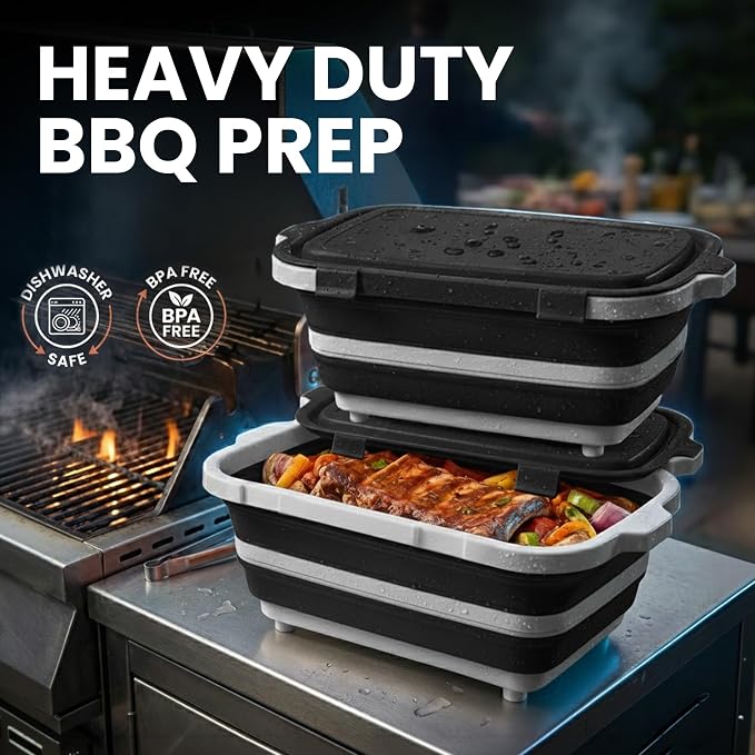 BBQ Prep Tub 2 Pack (16L+16L) - Multifunctional Collapsible Camping Cutting Board with Upgraded Locking lid, Meal Prep Meat Storage Container Perfect for Grilling, Outdoor Cooking (XL x 2)
