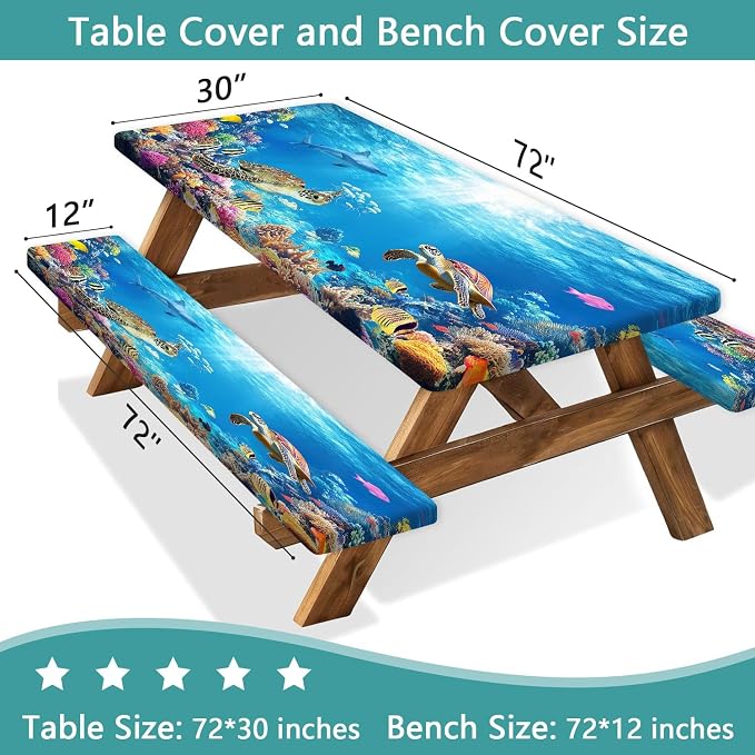 Ocean Animals Picnic Table Cover with Bench Covers, Camping Essentials, Underwater Sea Turtles Waterproof Windproof, Fitted Tablecloth Cover with Elastic Edge, for Garden & Outdoor, 3 PCS, 30x72 Inch