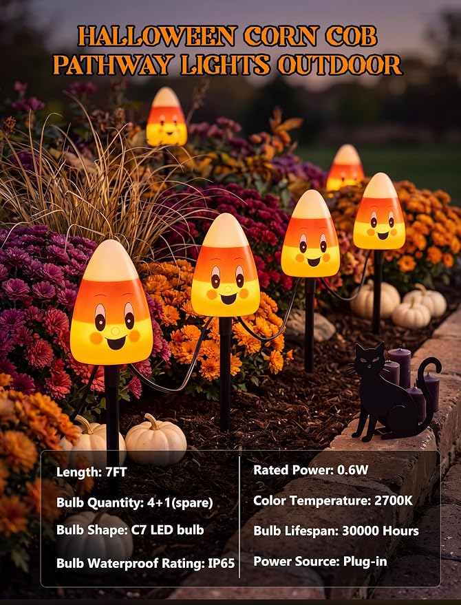 Halloween Candy Corn Pathway Lights Outdoor, 7Ft C7 LED Halloween Decorations Candy Corn Pathway String Lights Waterproof with 4 Stakes for Outdoor Garden Walkway Driveway Lawn Party Decor