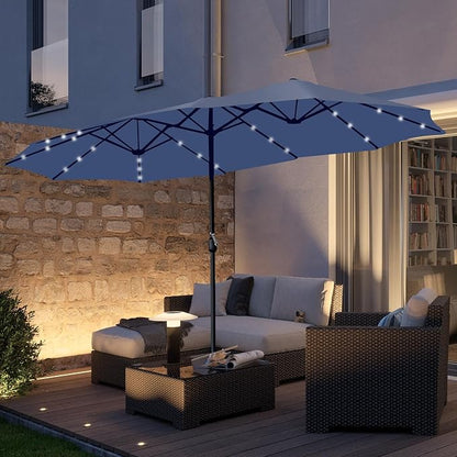 15ft Double Sided Patio Umbrella with Solar Lights, Outdoor Large Umbrellas with Crank Handle and 36 LED Lights, Rectangular Market Umbrella with Base Included for Deck Pool Shade (With Base)