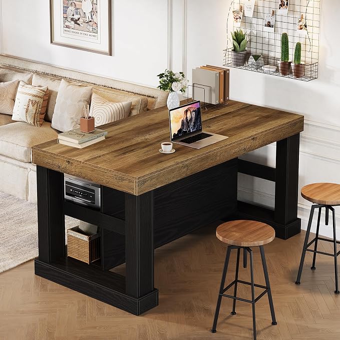 Tribesigns 55" Kitchen Island with Seating and Storage, 3-Tier, Farmhouse | Wood Stationary Island Table with Large Worktop & Legroom, Heavy Duty, Coffee Bar Table with Storage Shelf for Kitchen, Black