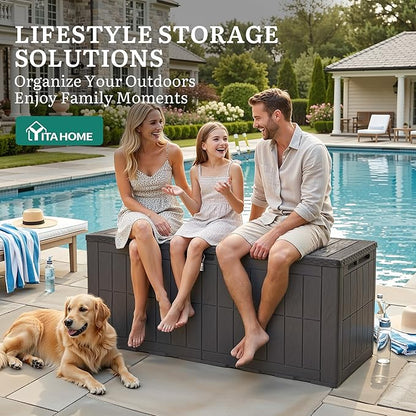 YITAHOME 134 Gallon Large Outdoor Storage Box with Lock, Waterproof Deck Box with Hydraulic Piston for Garden Tools, Pool Accessories & Cushions, Resin Deck Organizer with Bench Seat (Dark Brown)