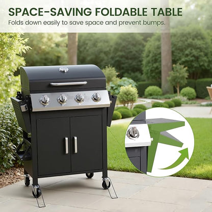 HUGROVE 4-Burner Propane Gas BBQ Grill, Upgraded 40,000 BTU Stainless Steel Barbecue Grill with Foldable Side Tables, Spice Rack & Wheels for Outdoor Cooking