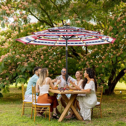 HOMSHADE 9FT 3-Tier Solar Patio Umbrella Heavy Duty, Vented Market Table Umbrella Windproof w/32 LED Lights, UPF50+, 5-Year Fade Resistant, for Pool, Lawn, Garden, Deck (No Base)
