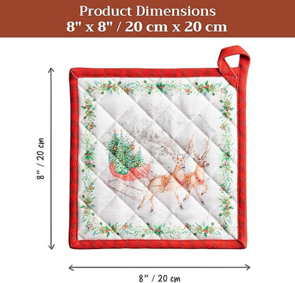 Maison d' Hermine Pot Holders Set 100% Cotton Heat Resistant Potholders 8" x 8" Hot Pads with Loop for Thanksgiving Christmas Decorations Baking Handling Hot Pans (Pack of 2, Christmas Tradition)