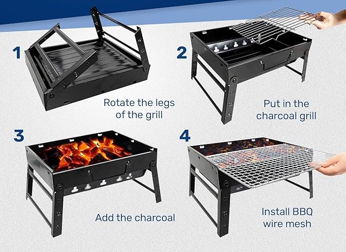 Charcoal Grill, BBQ Grill Folding Portable smoker, Barbecue Mini Barbecue desk Tabletop Outdoor Grill for Camping Picnics Garden Beach Party, black