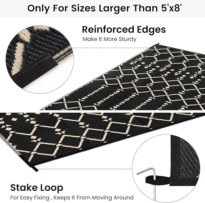 Smiry Outdoor Rug 8x10 ft Waterproof Reversible Boho Mat, Beige | Polypropylene Plastic Straw, Quick Drying, Lightweight Foldable, for Patio, Deck, RV Camping, Backyard and Indoor Outdoor Use