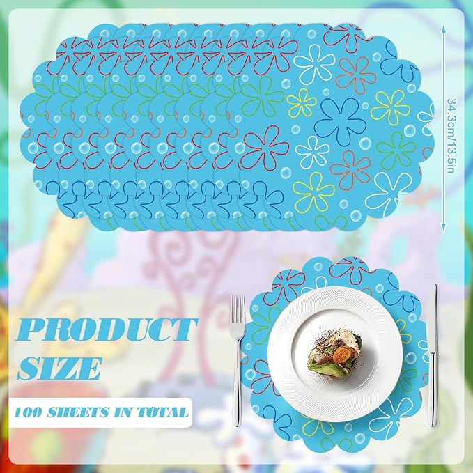 100 Pcs Beach Paper Placemats, Sea Sponge Birthday Party Supplies, 13.5 Inch Blue Flower Placemats Under the Sea Round Scalloped Disposable Placemat for Baby Shower Summer Ocean Theme Party Favors