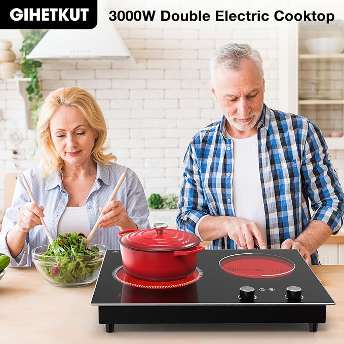 GIHETKUT Electric Cooktop,1110V 2100W 2 Burner stove,Built-in & Countertop Stove Top with10 Heating Level, Timer & Kid Safety Lock, LED Knob Touch Control 2 Burner Electric Cooktop