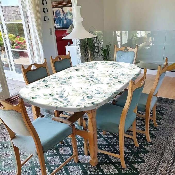Spring Leaf Oval Elastic Fitted Tablecloth, Floral Sage Green Leaves Elastic Edged Polyester Wipeable Table Cloths, Indoor Holiday Family Banquet and Outdoor Patio Use, Fits for 52" x 70" Oval Table
