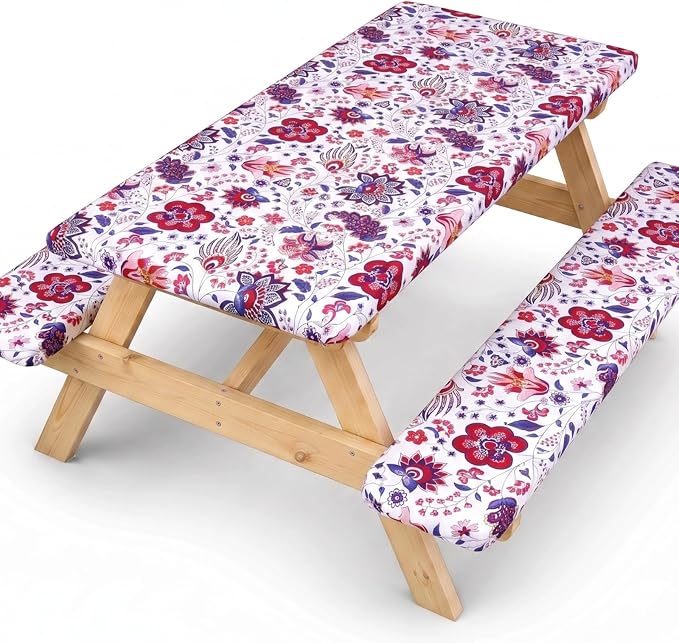 SquarePie Picnic Table Cover with Bench Covers - Waterproof Fitted Elastic Tablecloth for 6 FT Tables - Washable Polyester Camping Table Cloth for Outdoor Patio RV BBQ (Gorgeous Flowers, 30"x72")