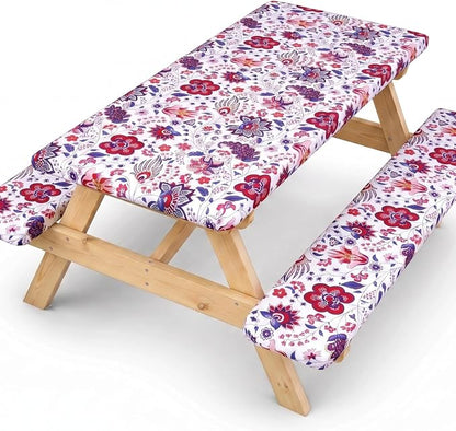SquarePie Picnic Table Cover with Bench Covers - Waterproof Fitted Elastic Tablecloth for 6 FT Tables - Washable Polyester Camping Table Cloth for Outdoor Patio RV BBQ (Gorgeous Flowers, 30"x72")