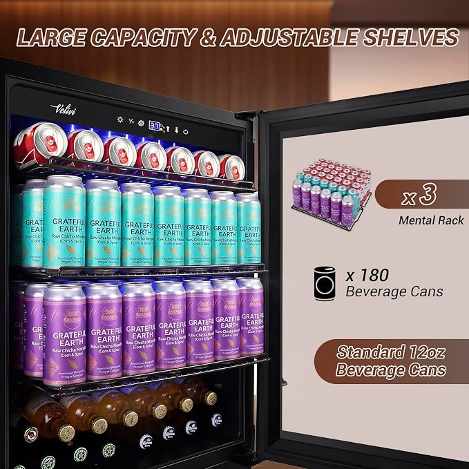 Velivi 24" Black Beverage Refrigerator Cooler: 24Inch Built-In Under Counter Fridge for Soda, Beer, Drink | 168Cans Large Capacity - Perfect for Kitchen, Bar, or Office
