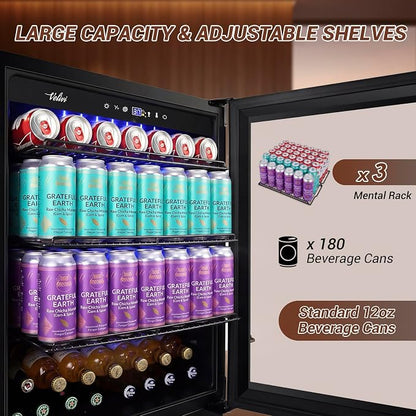 Velivi 24" Black Beverage Refrigerator Cooler: 24Inch Built-In Under Counter Fridge for Soda, Beer, Drink | 168Cans Large Capacity - Perfect for Kitchen, Bar, or Office