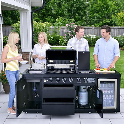 85" Outdoor Kitchen Island with Grill and Side Burner, 4-Burner 71,500 BTU Propane BBQ Island, Refrigerator, Sink & Rotisserie, for Backyard and Patio Cooking, Black