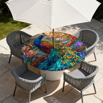 Outdoor Tablecloth with Umbrella Hole and Zipper Fits 49-52" Tables | Waterproof Round Fitted Tablecloth with Elastic Edge, Wipeable Outdoor Table Cover for Patio, Garden, Picnic