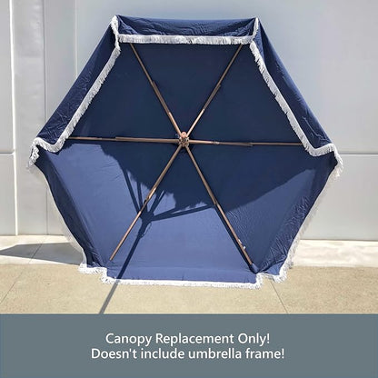 FORMOSA 9ft 6 Rib Market Premium Patio Umbrella Replacement Canopy - 300D UV Protective and Water Resistant Patio Canopy - Umbrella Replacement Cover (CANOPY ONLY) (Navy Fringe Olefin)