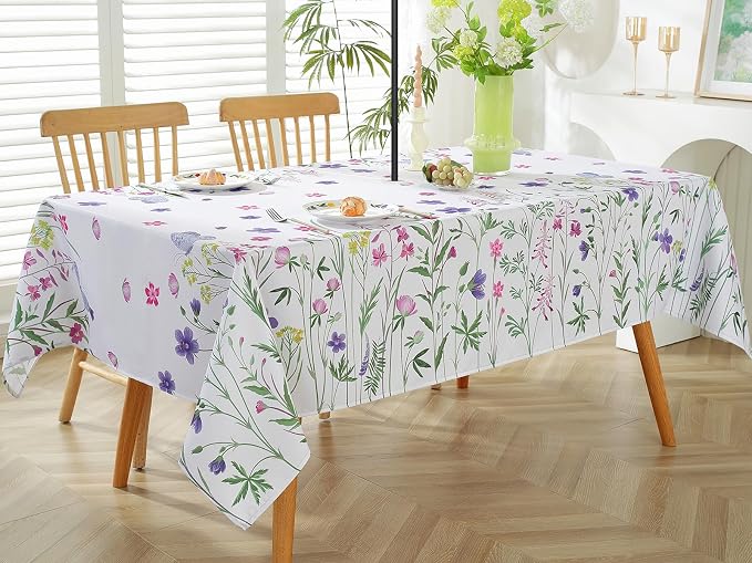 Spring Summer Outdoor Tablecloth with Umbrella Hole Rectangle 52 x 70 Inch Wild Flowers Plants Floral Zippered Table Cloth, Spill Proof Fabric Table Cover for Dining, Party, Picnic, Camping, Patio