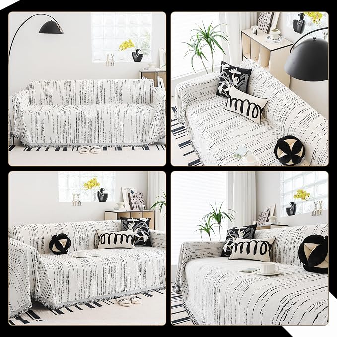 WEYOND Chenille Couch Cover Tassels, Sofa Cover Washable, 71" x 134", White | Pet Friendly Sofa Slipcover for Sectional Sofa, Loveseat, 2 or 3 Cushion Couch, Corner Sofa, Futon Cover