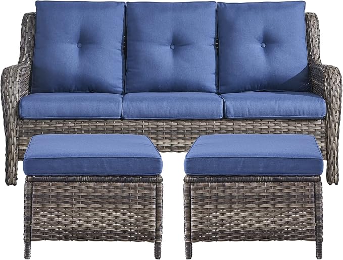 Rilyson Wicker Outdoor Patio Sofa with Ottoman, Large 3 Seater Wicker Patio Couch with 4in Replaceable Seat Cushions and Deep Seating, All Weather for Backyard, Garden, Poolside (Mixed Grey/Blue)