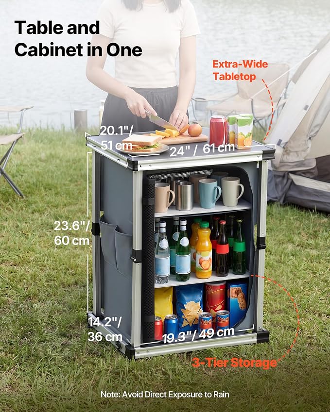 VEVOR Folding Camping Storage Cabinet, Outdoor Portable Aluminum Lightweight Table, Quick Set-up Compact Kitchen Cook Station, with 3 Shelves and Carry Bag, for Picnic, BBQ, Camping, RV Traveling