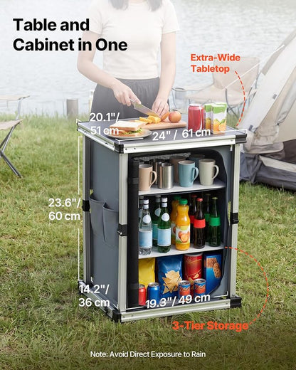 VEVOR Folding Camping Storage Cabinet, Outdoor Portable Aluminum Lightweight Table, Quick Set-up Compact Kitchen Cook Station, with 3 Shelves and Carry Bag, for Picnic, BBQ, Camping, RV Traveling