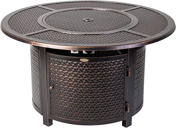 Fire Sense 62360 Briarwood Hammered Aluminum Convertible Gas Fire Pit Table 55,000 BTU Multi-Functional Outdoor with Fire Bowl Lid, Nylon Weather Cover & Clear Fire Glass- Bronze Finish - Round - 44"