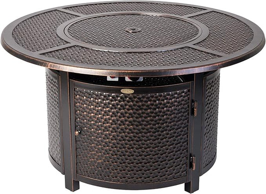 Fire Sense 62360 Briarwood Hammered Aluminum Convertible Gas Fire Pit Table 55,000 BTU Multi-Functional Outdoor with Fire Bowl Lid, Nylon Weather Cover & Clear Fire Glass- Bronze Finish - Round - 44"