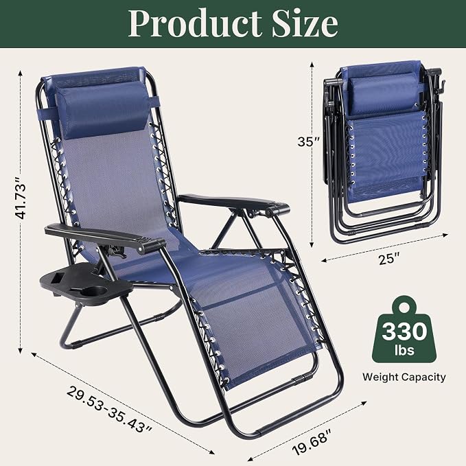 Zero Gravity Chairs Set of 4, Outdoor Folding Lounge Chairs | Foldable Reclining Patio Lawn Chairs with Mesh Back, Adjustable Pillows and Cup Holder Trays, for Pool, Beach, Backyard