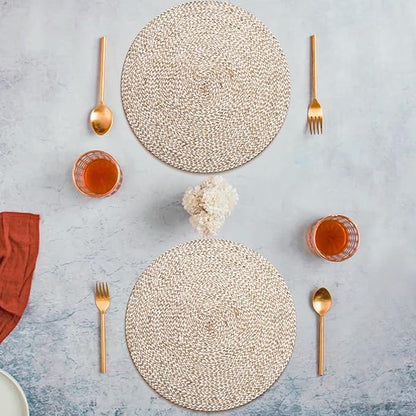 Hausattire Jute Braided Placemats 14 Inches Round Set of 4 Reversible Handwoven Boho Vintage Easter Placemats for Kitchen Dining Tables|BBQ's Farmhouse Decor Indoor & Outdoor Parties |Off-White