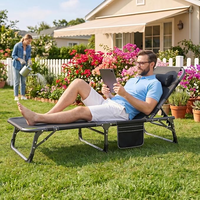 ABORON 3-in-1 Folding Patio Lounge Chair, 440LB Heavy-Duty Tri-Fold Guest Bed with Plush Cotton Cushion, No Assembly Adjustable Recliner for Office Nap, Patio Sunbathing, Poolside & Camping