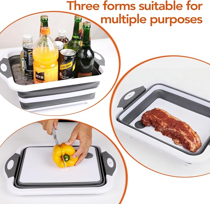 QiMH Collapsible BBQ Prep Tub, Picnic Basket with Lid Foldable Dish Basin, Washing and Draining Veggies Fruits, Food Grade Portable Cutting Board for Camping, Traveling, and Kitchen