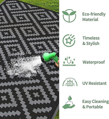 GENIMO Outdoor Rug 3'x5' Waterproof for Porch, Plastic Door Mat Black Grey | Outside Modern Carpet for Patio Decor, Balcony, Deck, Backyard, Picnic, Camping, RV, Reversible, Foldable, Lightweight