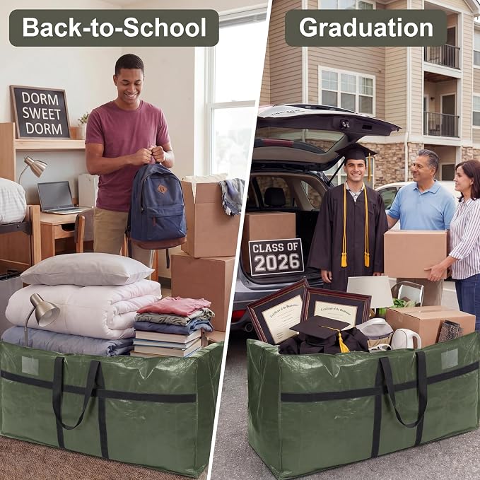 4 Pcs 96 Gallon Extra Large Moving Bags Heavy Duty Storage Bag with Strong Zipper Handle Foldable XXL Jumbo Storage Tote Packing Moving Box for College Dorm Travel Cloth Duffle (Green)