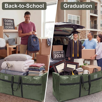 4 Pcs 66 Gallon Extra Large Moving Bags Heavy Duty Storage Bag with Strong Zipper Handle Foldable XXL Jumbo Storage Tote Packing Moving Box for College Dorm Travel Cloth Duffle (Green)