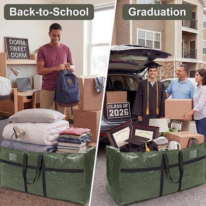 6 Pcs 66 Gallon Extra Large Moving Bags Heavy Duty Storage Bag with Strong Zipper Handle Foldable XXL Jumbo Storage Tote Packing Moving Box for College Dorm Travel Cloth Duffle (Army Green)